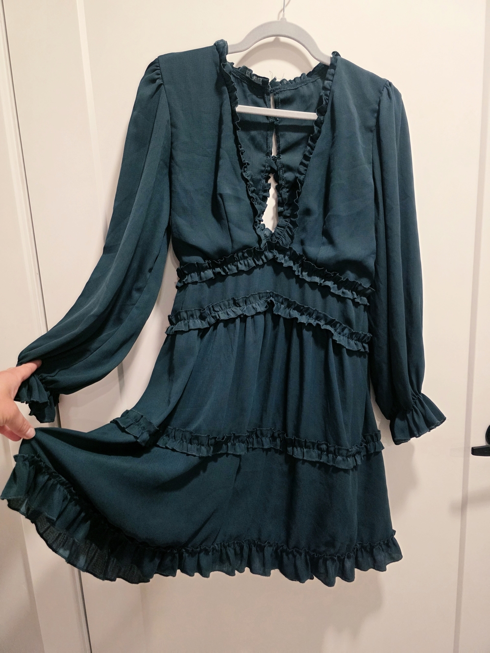 Emerald Ruffled V-Neck Long Sleeve Dress -Large